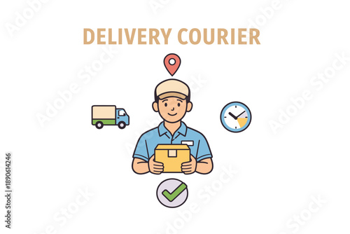 Asian male courier holding package with truck and clock icons illustrating fast delivery service