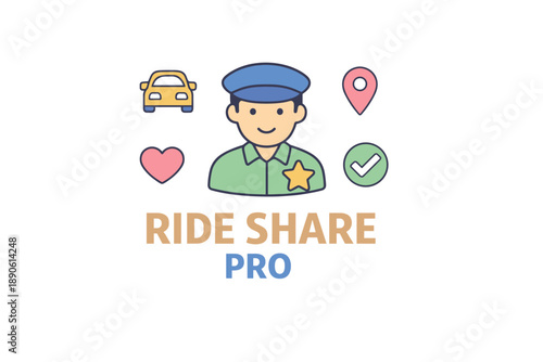 Ride share pro app icon with cartoon driver and symbols