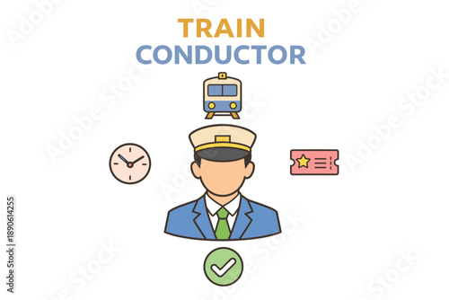 Train conductor icon with uniform, train, clock, and ticket elements