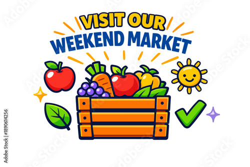 Colorful weekend market advertisement with fresh fruits and vegetables illustration