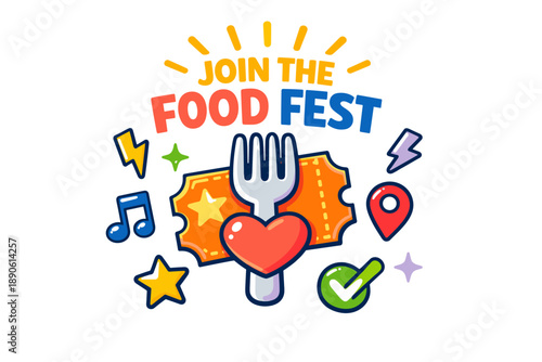 Join the food fest: colorful icon design featuring ticket, fork, heart, and music symbols
