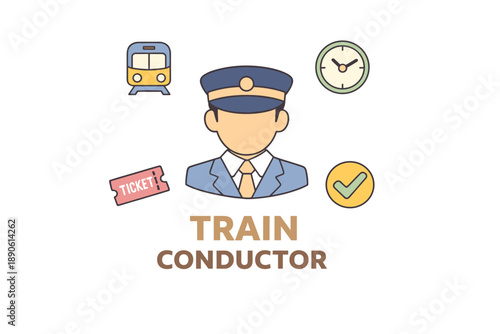 Cartoon train conductor icon with hat and transportation elements