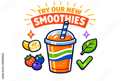 Colorful smoothie advertisement with fresh fruits and wholesome ingredients