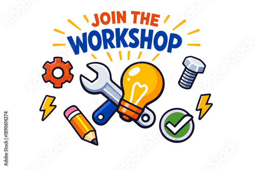 Join the workshop: tools and creativity in action with gears and lightbulb