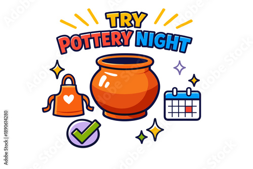 Colorful pottery night promotion with orange pot and calendar icons