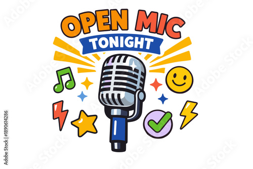 Open mic tonight: retro microphone surrounded by colorful music and expression icons