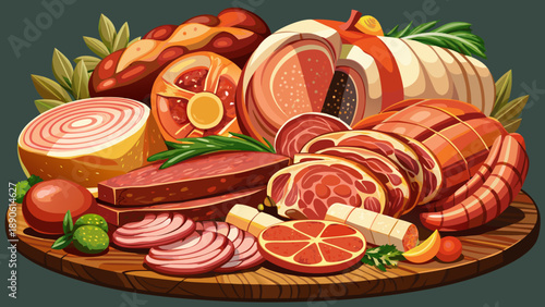 Very beautiful close-up of assorted ham and sausages arranged together, highlighting detailed textures, rich colors, cured surfaces, and traditional meat craftsmanship in a professional food presentat