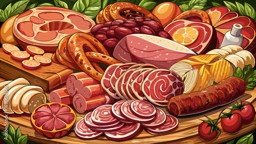 Very beautiful close-up of assorted ham and sausages arranged together, highlighting detailed textures, rich colors, cured surfaces, and traditional meat craftsmanship in a professional food presentat
