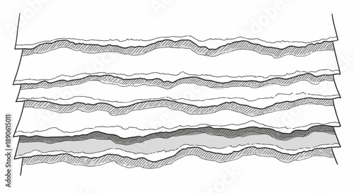 Multiple layers of wavy paper strips suspended horizontally in a layered graphic illustration