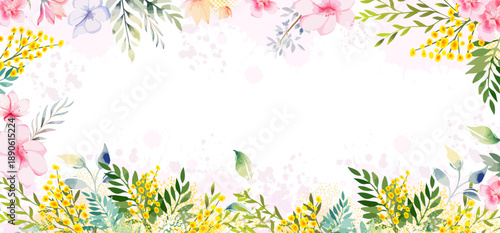 Horizontal long floral spring frame with mimosa . Hand drawn. Not AI, vector illustration