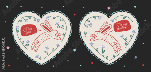 Cute Valentine's Day greeting cards with jumping bunnies in lace heart frames. Hand drawn doodle style rabbits with floral elements. Vector illustration set for romantic holiday design.