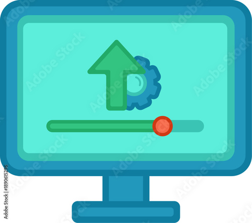 Computer monitor displaying an upload progress bar with a gear icon.
