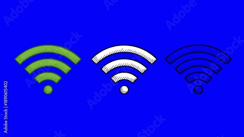 wifi icons in green, white and black colors without fill with a hand drawn sketch style 2d animation of wireless signal loading, on a blue chroma key background technology and internet looped video