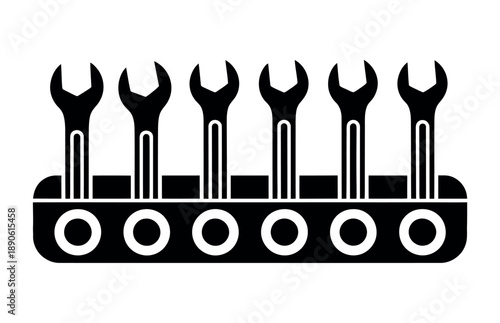 A set of wrenches arranged neatly on a tool organizer board