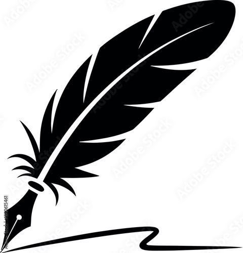 A stylized black feather quill pen writing on paper