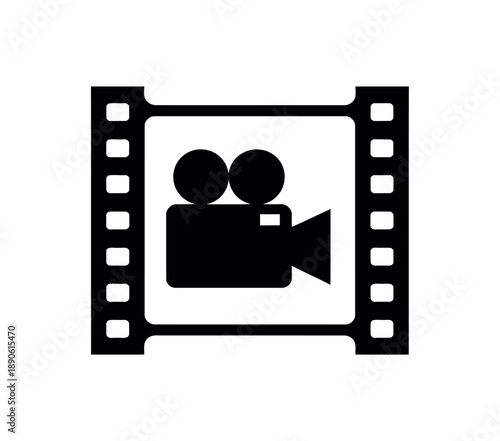 A black film strip icon with a camera and two people on a white background
