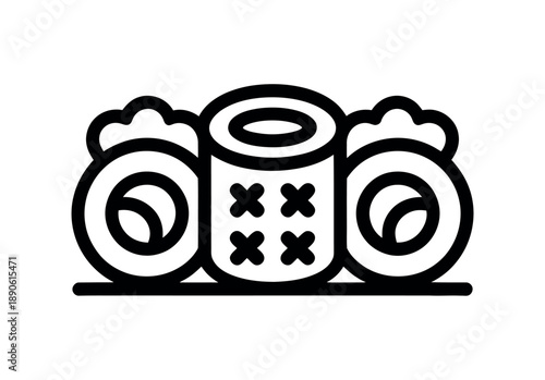 A simple black and white illustration of sushi rolls on a plate