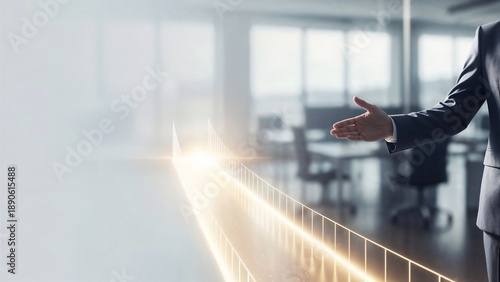 Businessman Reaching Out for Handshake with Futuristic Digital Bridge and Glow Concept in Office