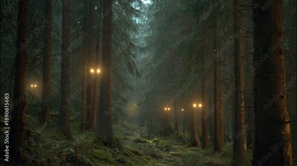 Fototapeta premium A tranquil forest scene features tall trees shrouded in mist with soft glowing lights scattered throughout the underbrush. The calm atmosphere evokes a sense of mystery and wonder.