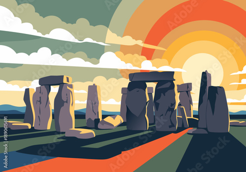 Stonehenge vector illustration at sunset with colorful sky and dramatic shadows