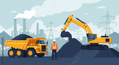 Coal mining industry landscape with excavator and dump truck, vector illustration