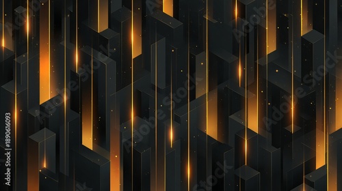 A dark abstract background with glowing orange lines and geometric shapes