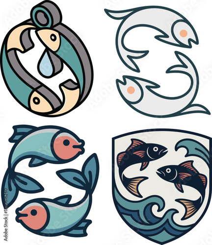 Pisces sign emblem set with stylized fish forms and symbolic shapes
