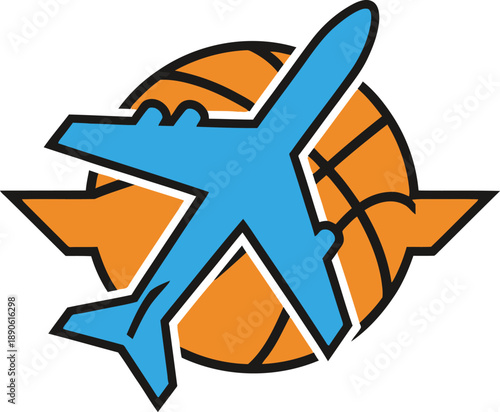 Airplane flying over a basketball with abstract shapes.
