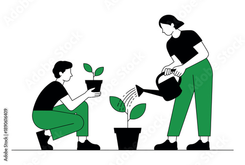 Two people are taking care of plants, one watering and the other holding a potted plant.
