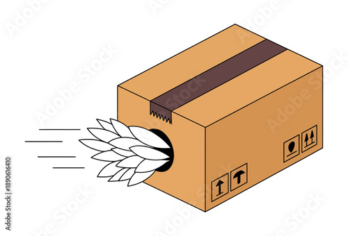 A cardboard box with a hole cut out and packing peanuts spilling out