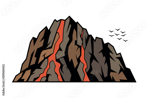 A cartoon illustration of a volcanic mountain with lava flows and birds flying overhead