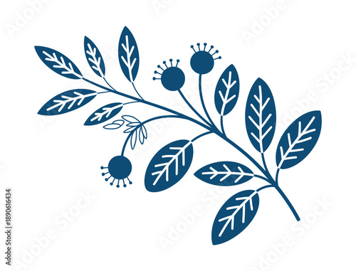 A stylized illustration of a blue branch with leaves and flowers on a white background