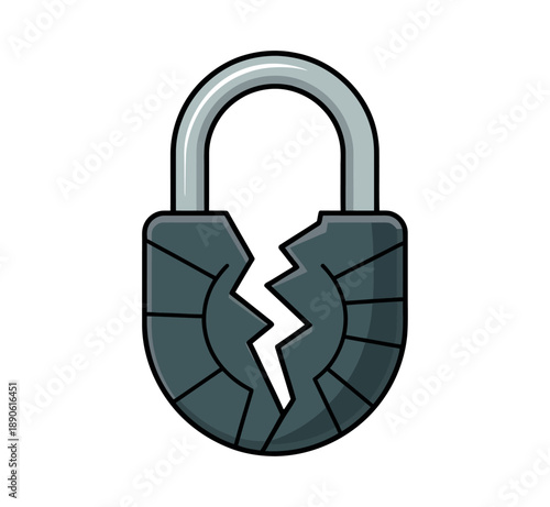 A broken padlock with a cracked body and a silver shackle on a white background