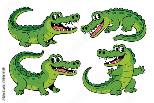 A group of cartoon crocodiles with big smiles and sharp teeth on a white background