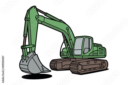A cartoon illustration of a green excavator digging a hole