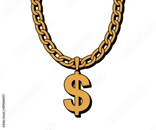 A gold chain necklace with a dollar sign pendant on a white background