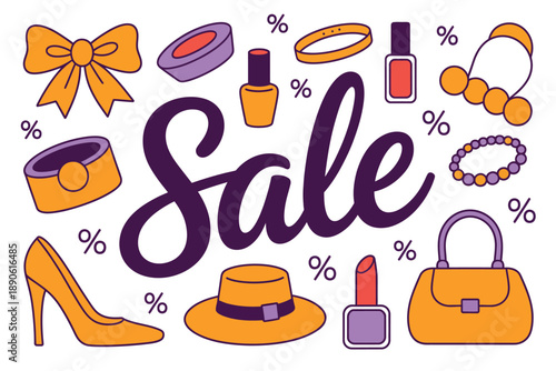 A colorful illustration of a sale advertisement featuring various fashion items and cosmetics.