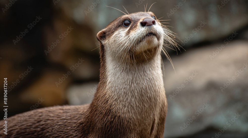 Obraz premium An otter peers up with keen interest showcasing its playful nature and alertness. This scene occurs in the animals natural environment offering a glimpse of wildlife behavior.