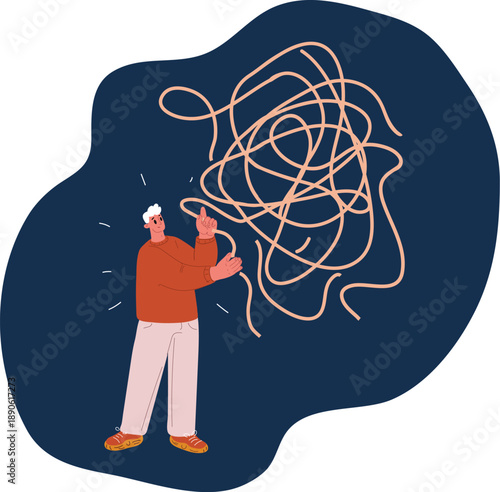 Cartoon vector illustration of a man trying to untangle a tangled thread, symbolizing problem-solving and patience against dark background