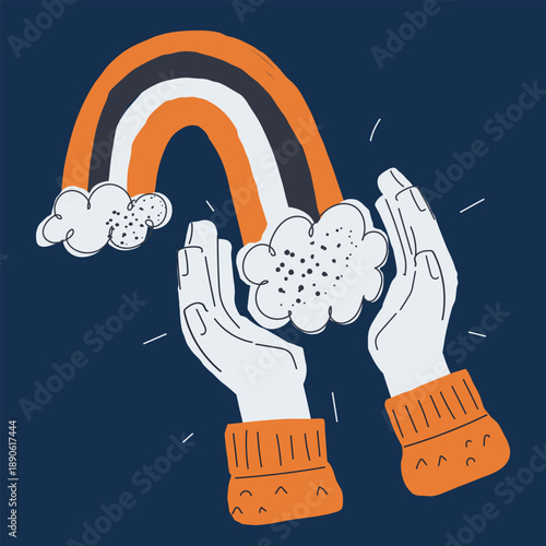 Cartoon vector illustration of a rainbow descending into a woman’s hands, symbolizing hope you can finally hold against dark background
