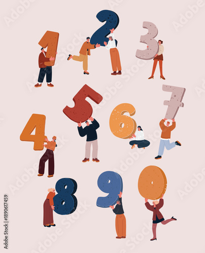 Cartoon vector illustration of people holding numbers, symbolizing teamwork and counting. Mеn and women. 1, 2, 3, 4, 5, 6, 7, 8, 9, 0. One, two, three, four, five, six, seven, eight, nine, zero