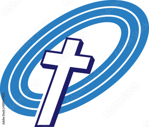 Christian cross symbol with blue elliptical background.