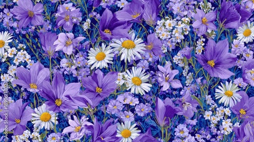 A colorful array of purple and white flowers fills the scene showcasing natures beauty during springtime. The flowers create a lively atmosphere under bright sunlight.