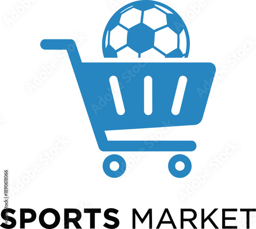 Blue shopping cart with soccer ball on top, sports market concept.