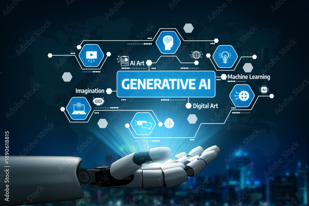 Obraz premium Explore the concept of generative AI technology illustrated by a robotic hand showcasing digital art and insights into machine learning, symbolizing future innovations. Tessel
