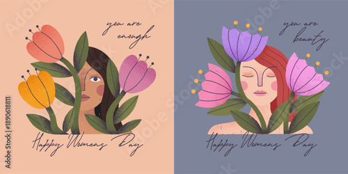 Women's Day greeting cards.Calm strong women of different cultures and nationalities sitting in flowers symbolizing feminism,women's empowerment.Girl power movement,equal rights,self care concept