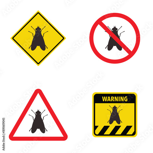 Set of fly crossing traffic sign. Vector illustration of yellow triangle warning sign and white cirle warning sign with fly icon inside. Wild forest animals likely to be in road ahead. fly.