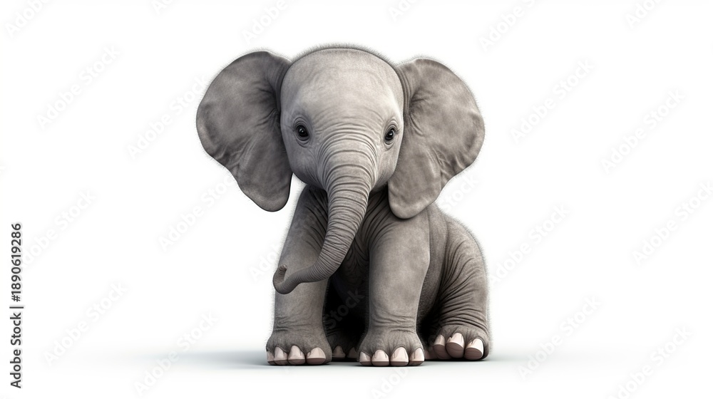 Obraz premium Adorable young African elephant calf standing and facing the viewer against a plain white studio backdrop