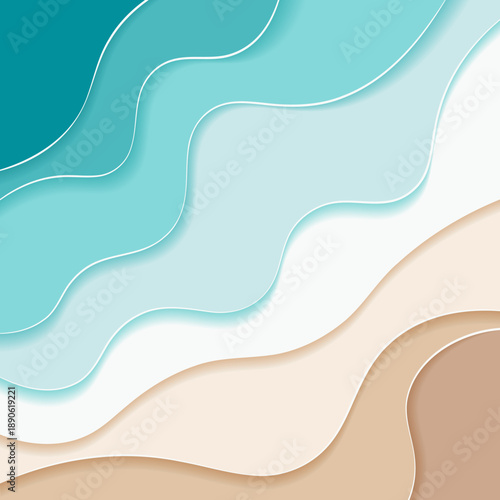 Summer background with sand beach and ocean blue coastal waves and sea foam vector illustration. Paper cut origami effect design. Marine seaside sand, caribbean coastal blue water, sea waves foam 