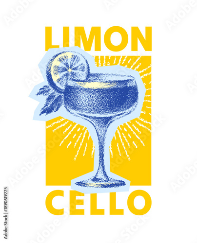 Limoncello cocktail, lemon drink poster. Amalfi juice collage design. Halftone cartoon summer icon. 1950s lemon cocktail glass print. Spritz Mediterranean vector. Limoncello from Italy, citrus poster